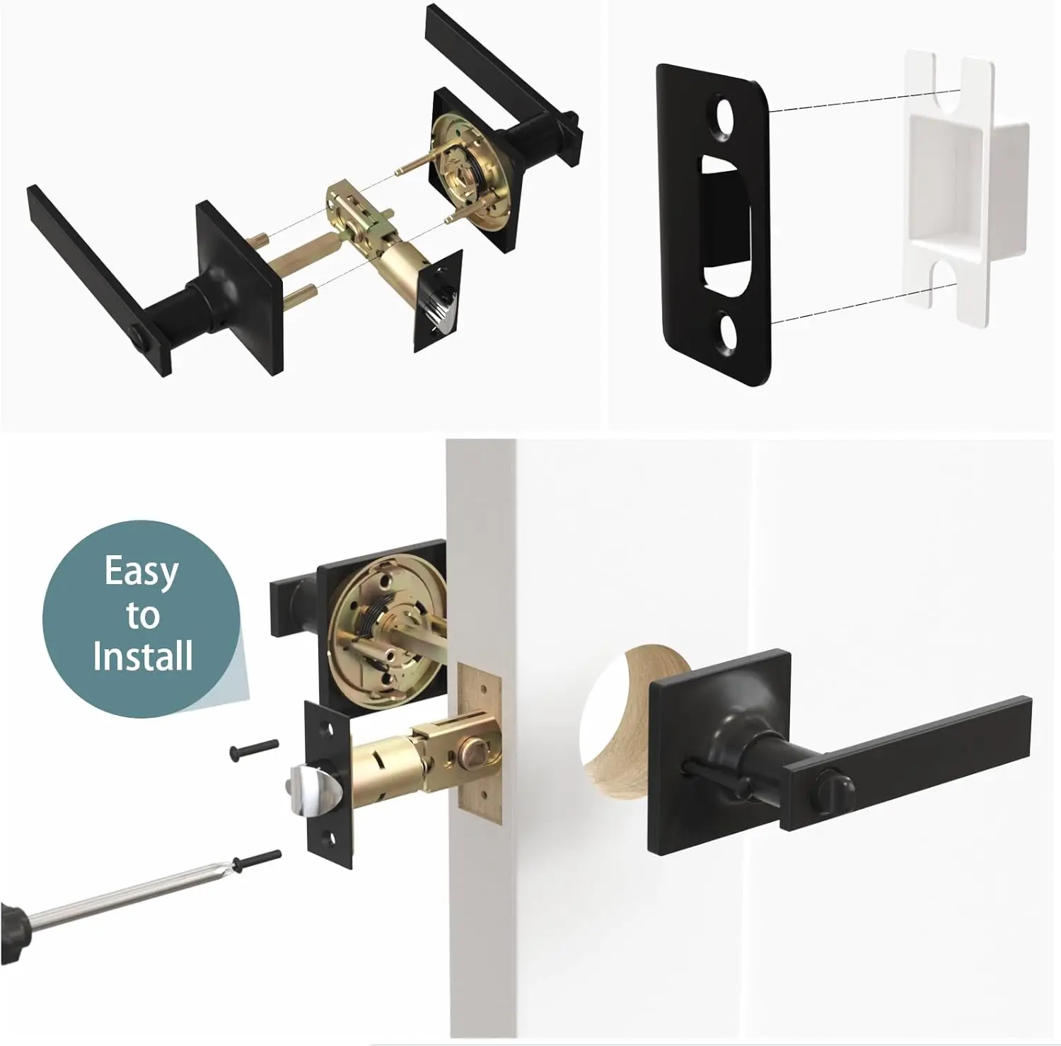 مقابض الأبواب السوداء مقابض الأبواب الداخلية، قفل باب الخصوصية بدون مفتاح، مجموعة أذرع باب من سبائك الزنك شديدة التحمل لغرف النوم والحمامات