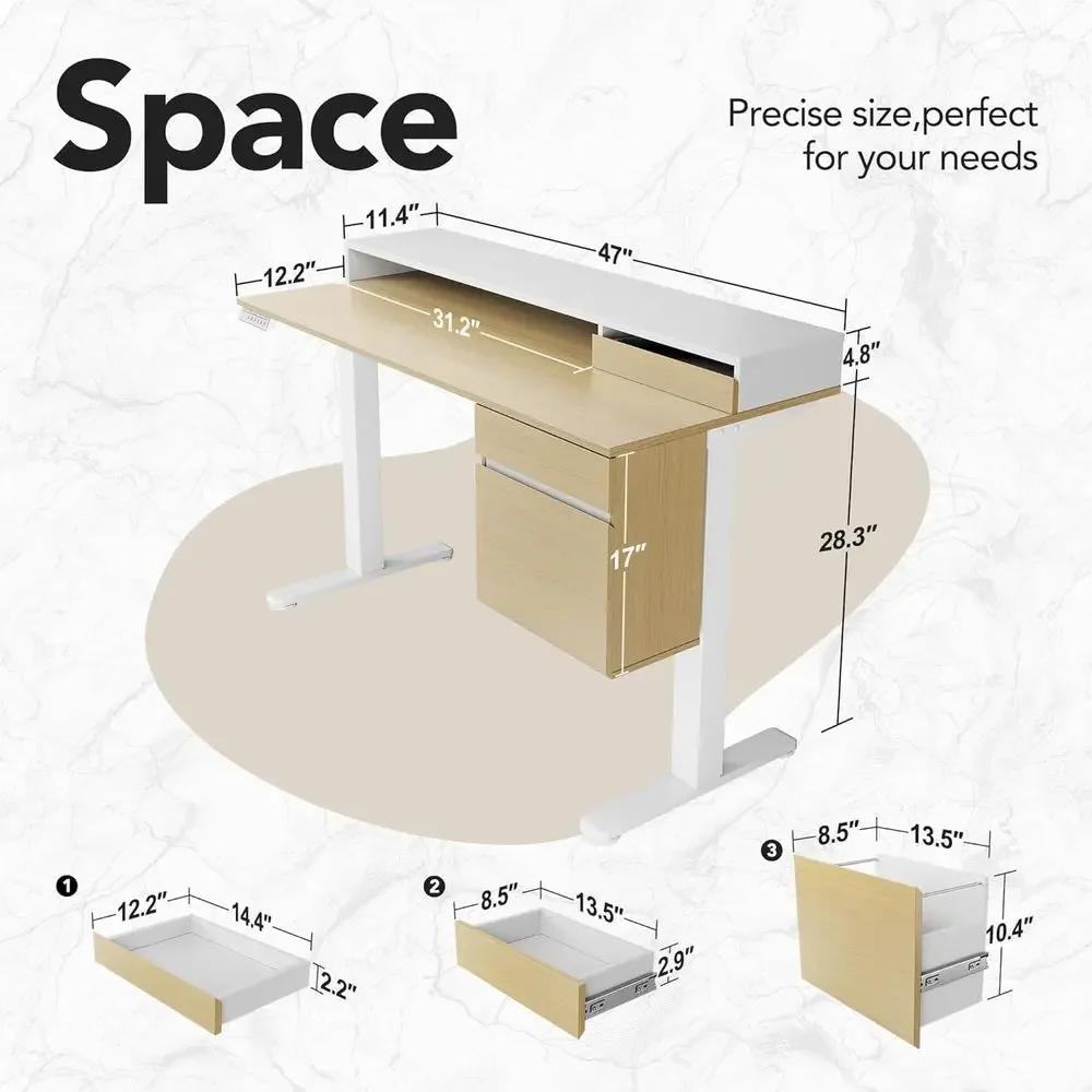 47 Height-Adjustable Electric Standing Desk with Storage Drawer, Light Walnut Finish, Ergonomic for Monitor Stands