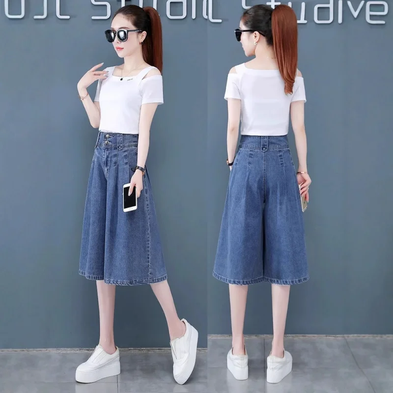 

Seven-point Denim Wide-leg Pants for Women, Summer Thin Casual Skirt Pants, Versatile High-waisted Slimming Draped Pants
