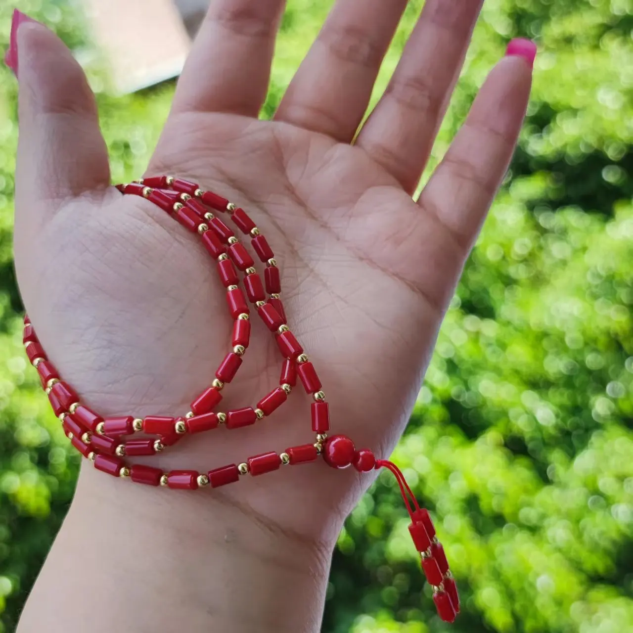 1pcs/lot Pure Natural Rare Precious Red Coral Beads Women's Bracelet Necklace Dual Use yellow metal jewelry folk-custom precious