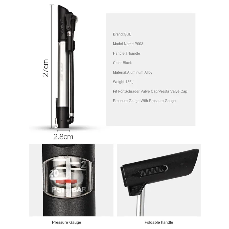 GUB دراجة مضخة المحمولة إطار دراجة منفاخ الضغط العالي سبائك الألومنيوم مع قياس الضغط بريستا شريدر صمام مضخة يدوية