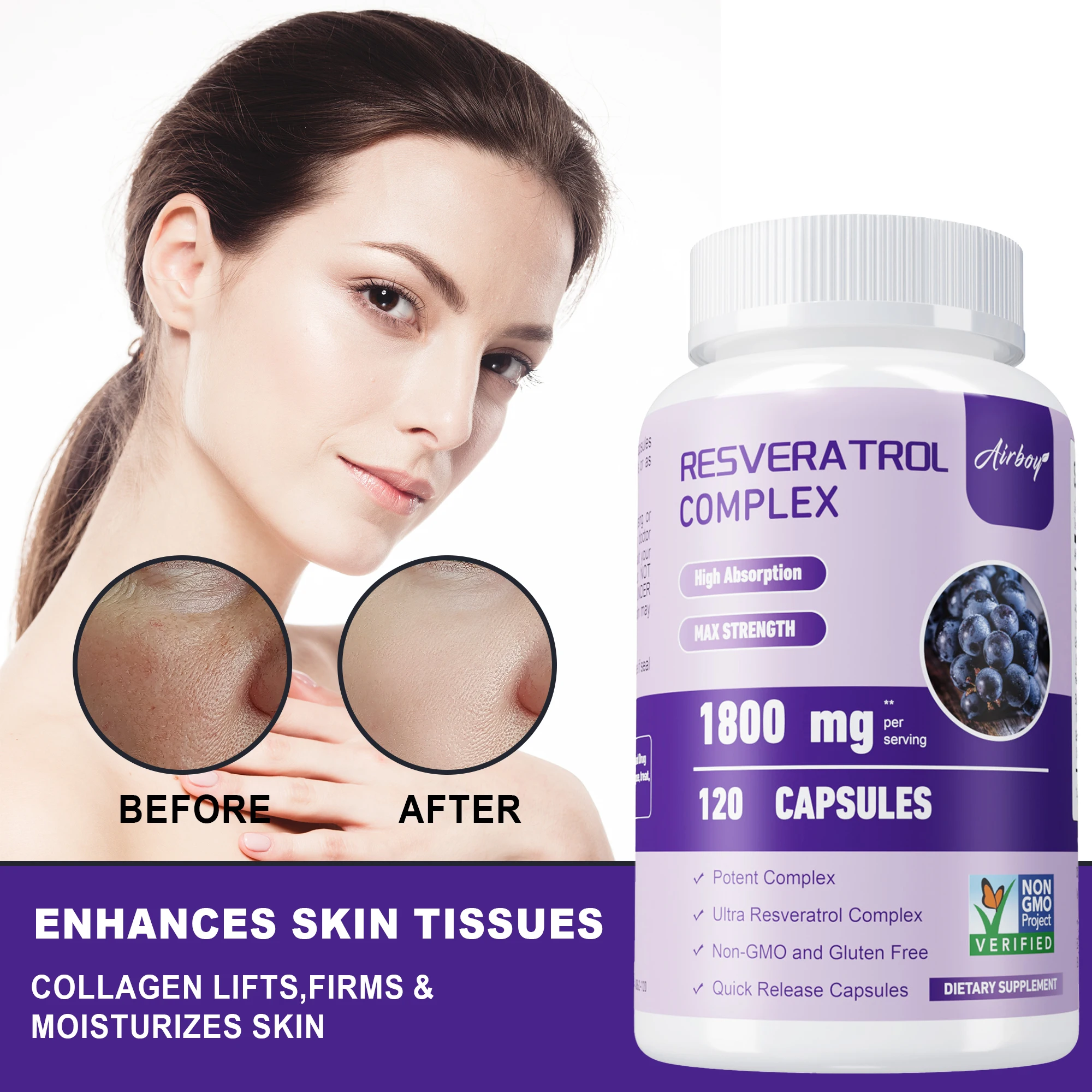 

Resveratrol Complex - Antioxidant, Promotes Smooth Skin, Support Overall Health and Metabolism, Cardiovascular Health