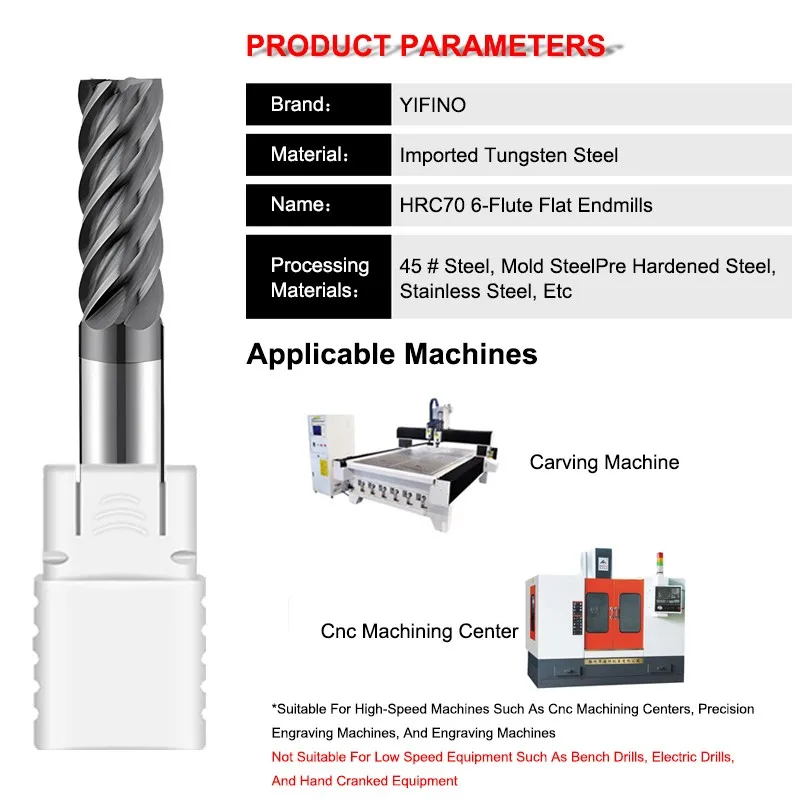 YIFINO HRC70 6-Flute Flat End Mill Tungsten Steel Carbide Nano Coating Milling Cutter For CNC Machining Center Endmills Tools