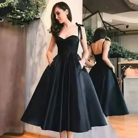 Customized Spaghetti Straps Sweetheart Evening Dress Black Short Cocktail Dress Neck Satin Formal Party Backless Prom Gowns robe