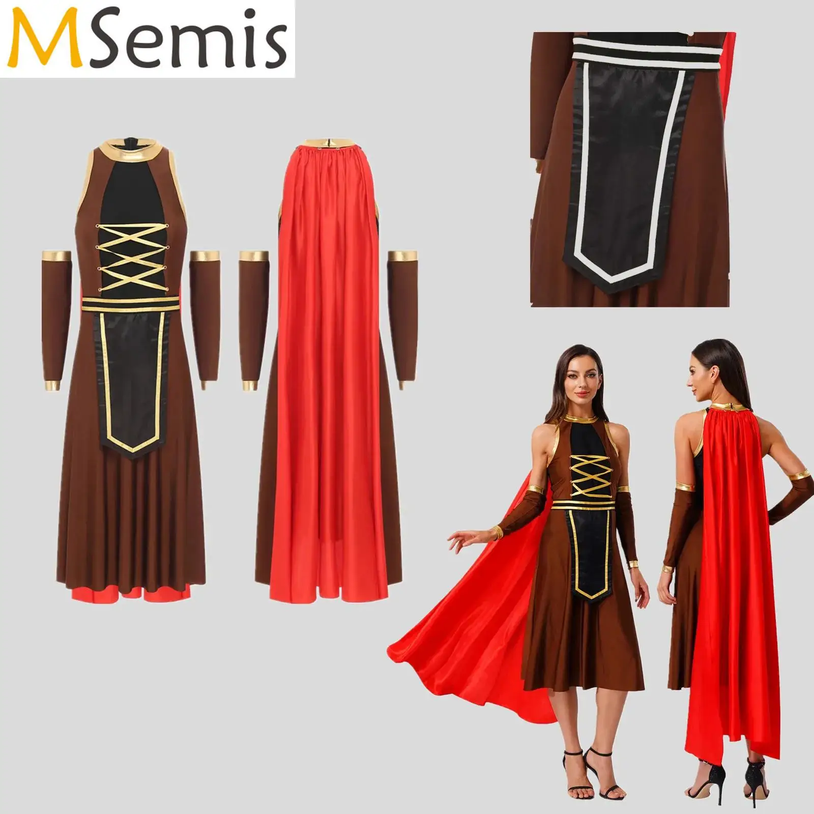 

Womens Mediaeval Roman Princess Gladiator Soldier Cosplay Costume Ancient Greek Warrior Dress with Detachable Sleeves And Cloak