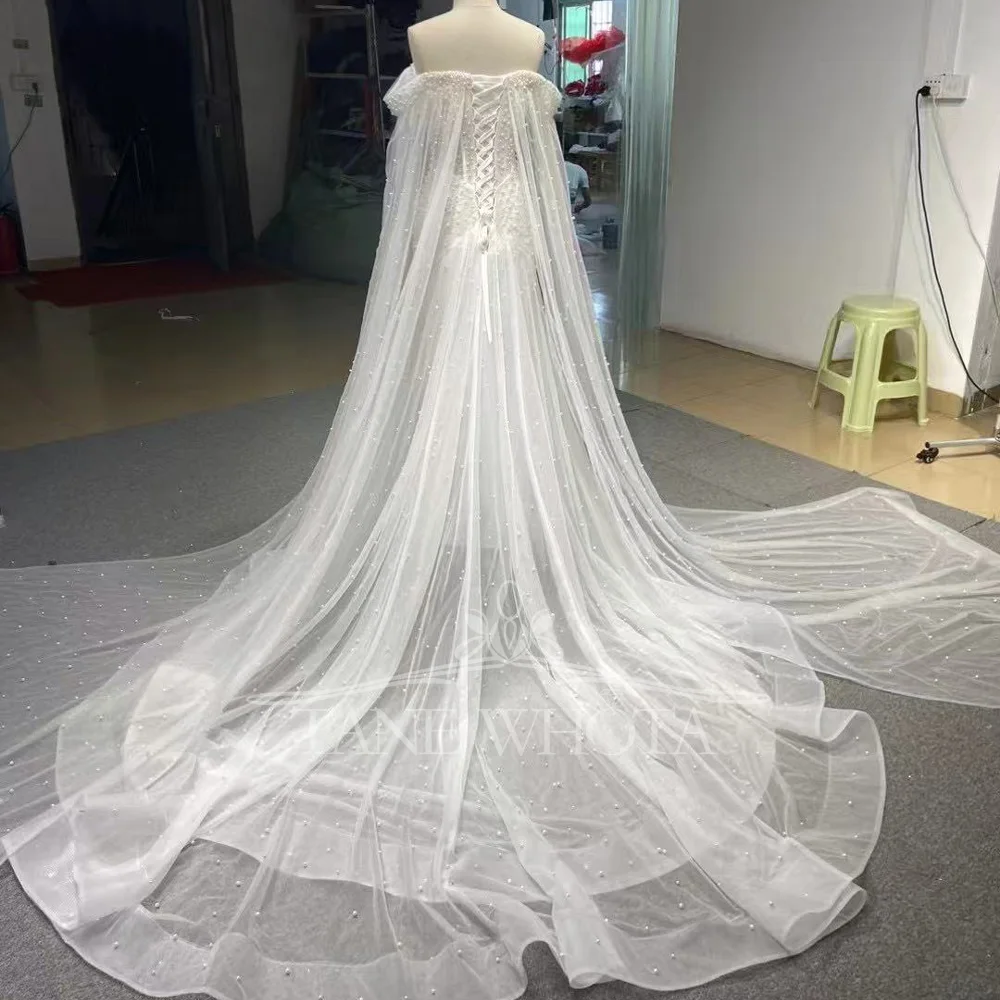 Vestido Para Boda Civil Sweetheart fuera del hombro con cordones en la espalda rebordear Vestido de Novia Sexy Vestido de Novia de sirena personalizado