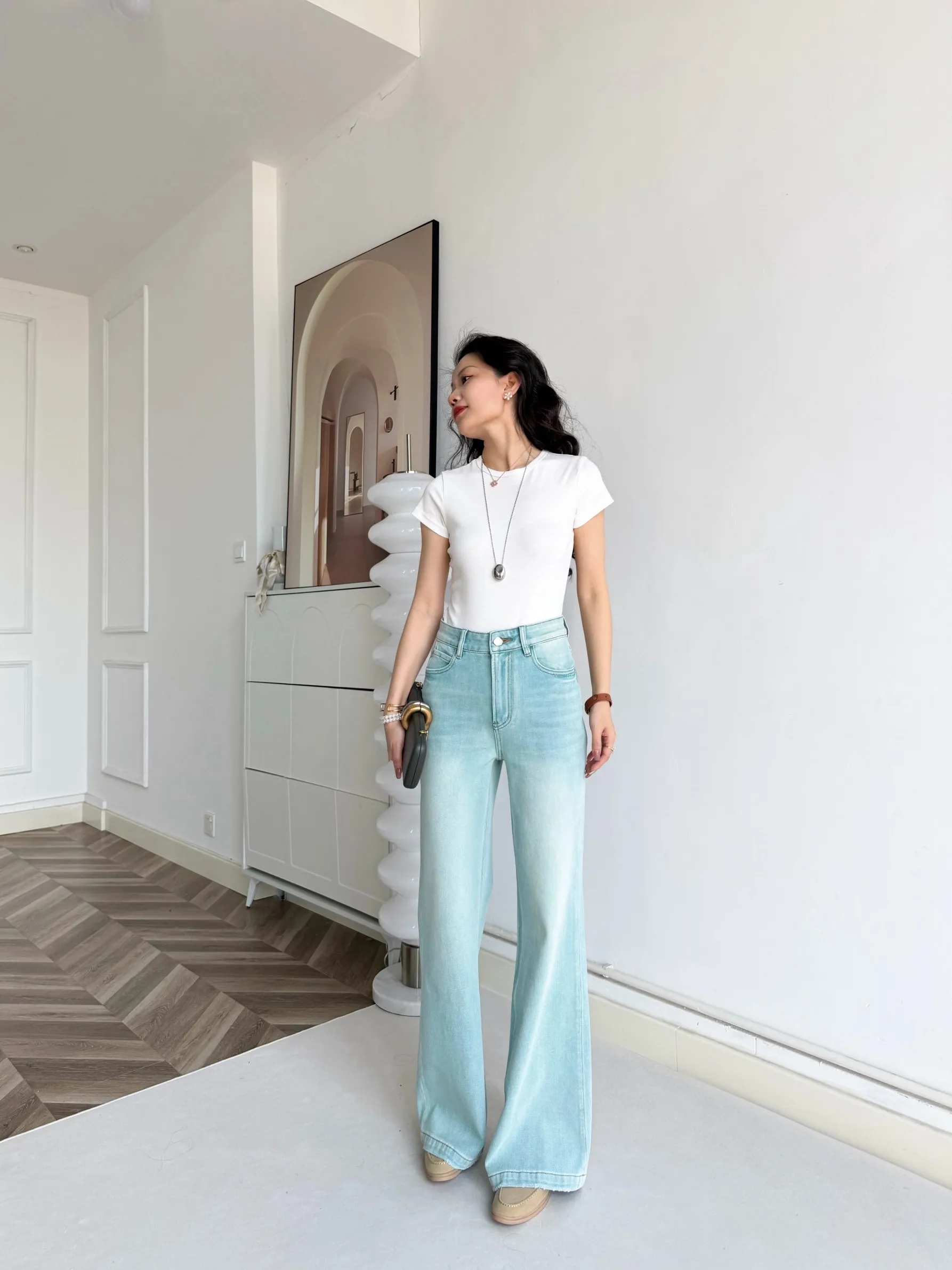 

Джинсы-клеш Territory Version Personality с завышенной талией, четырехсторонней эластичностью, из лиоцелла, цвета «водно-зеленый», с эффектом похудения