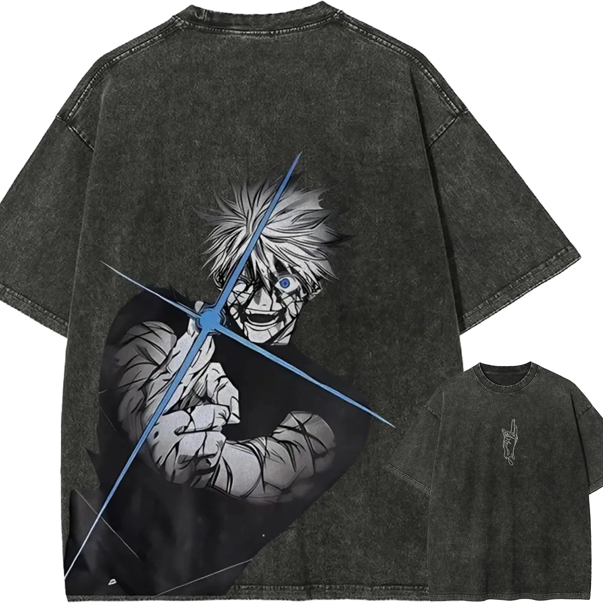 Gojo Satoru T-Shirt Jujutsu Kaisen Herren Acid Wash Sechs Augen Anime Streetwear Kampfgeschädigtes Verrücktes Lächeln Blaues Grafik-T-Shirt