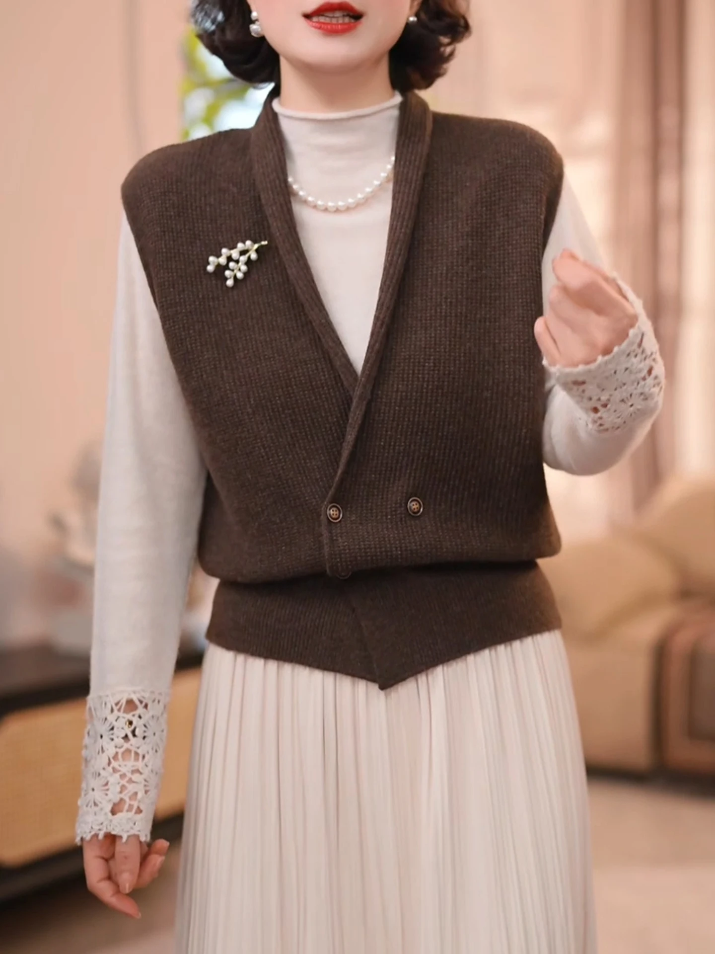 f-Cuello alto Base lavorata a maglia in puro colore irt Stratificazione Casual Versatile Dimagrante Autunno Inverno Gilet retrò per donna