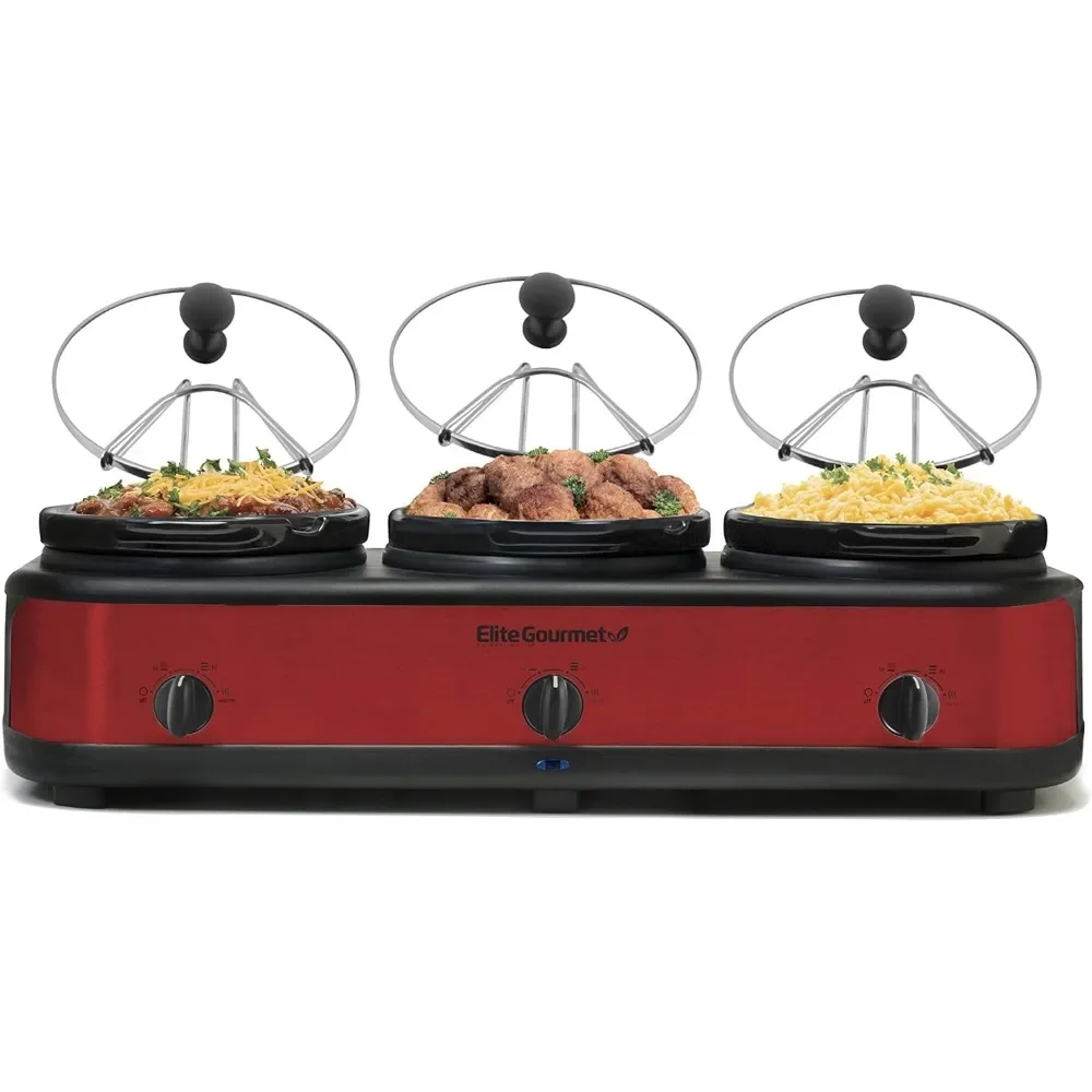 Triple Slow Cooker Buffet Server, spülmaschinenfest, ovale Keramiktöpfe mit einstellbarer Temperatur, Deckelsteine, 3 x 2,5 Qt Kapazität, Rot