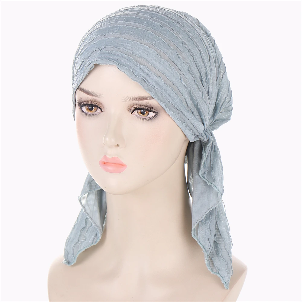 

New Muslim Hat Women Pre-Tied Headscarf Headwrap Long Tail Turban Hat Chemo Cap Arab Turbante Headband Bonnet Hair Loss Cover
