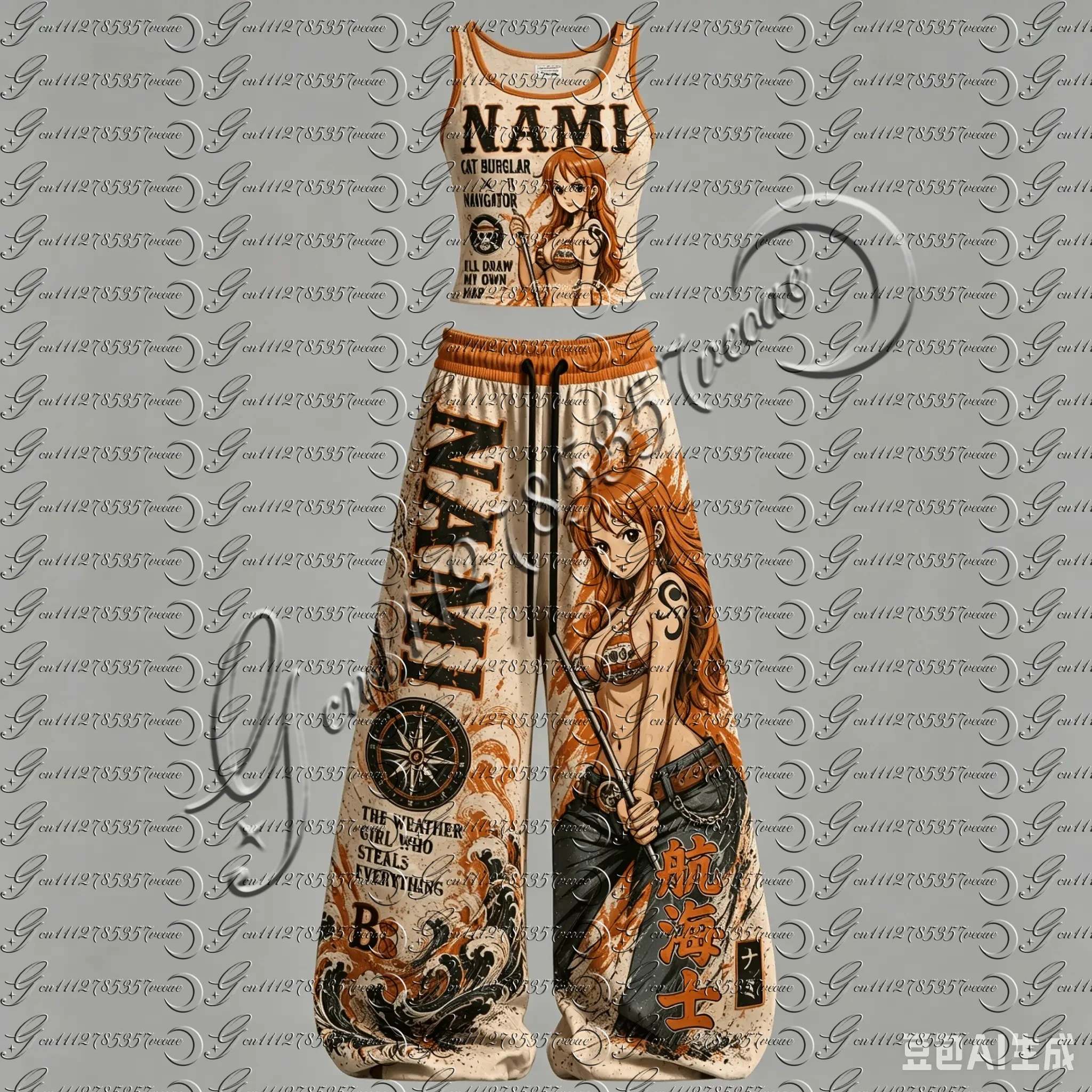 Unisex Anime One Piece Character Print Two Piece Sets Crop Sleeveless Tank Top High Waist Wide Leg Sweatpants FamilyMatching