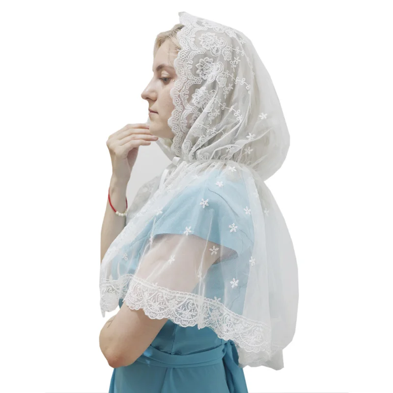 White wedding lace cape with hood bridal hooded cloak catolic chapel veil mantilla for mass Floral handkerchief with a hood