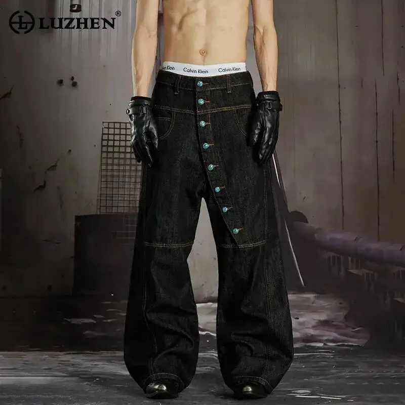 LUZHEN 2026 New Fashion Personalized Buttoned Decorate Slant Placket Straight Jeans Men's Handsome Streetwear Denim Pants JY7491