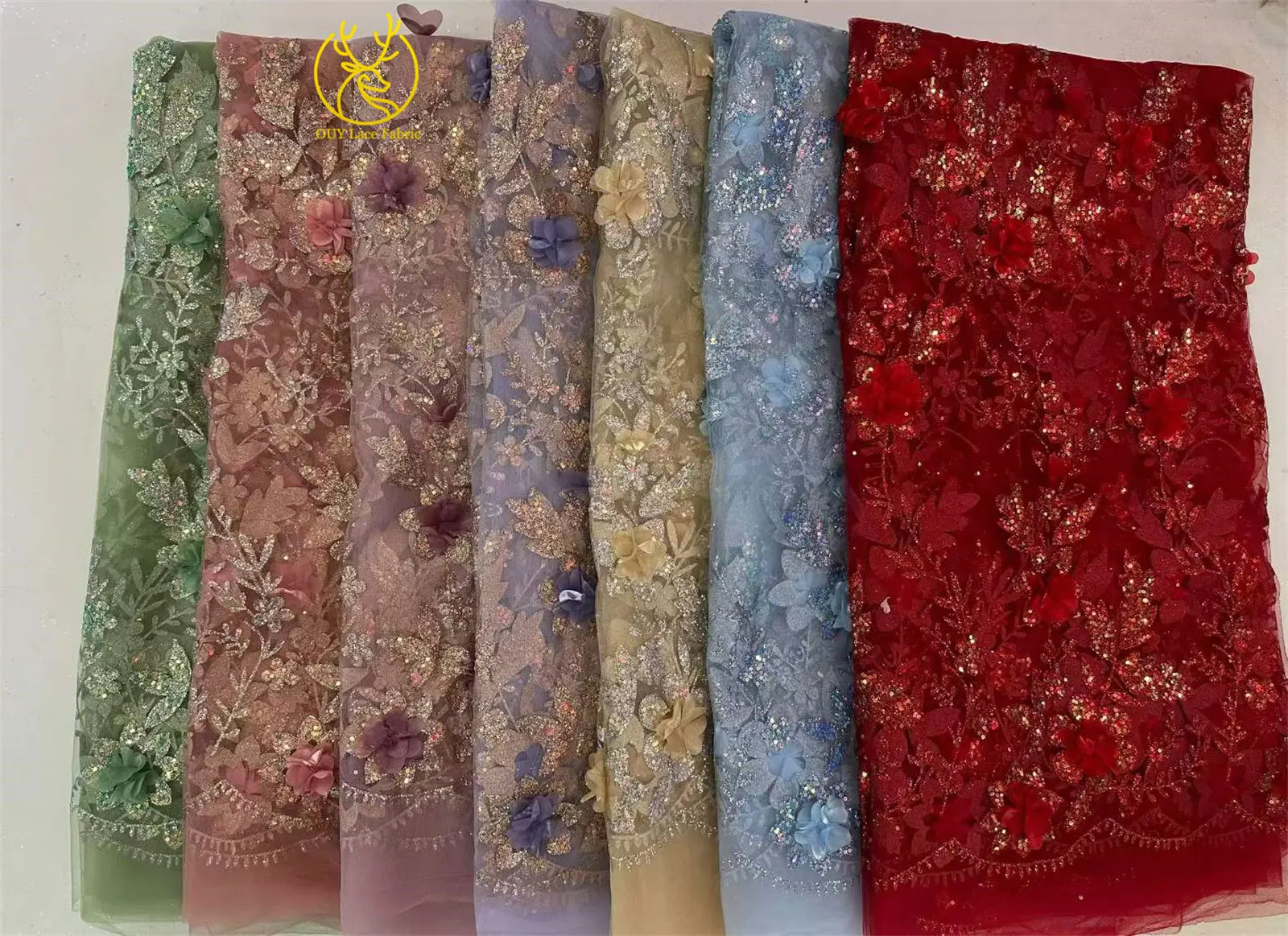 3D-Blumen Afrikanischer Spitzenstoff Roter Nigerianischer Pailletten-Spitzenstoff 2026 Hochwertiger Französischer Tüll-Spitzenstoff für Hochzeitskleider – Detail 3