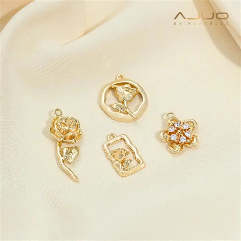 1pcs 14K Gold-plated Zircon Rose Frame Branch and Leaf Pendant, Handcrafted Earrings, Neckband, Diy Accessory Pendant, Material