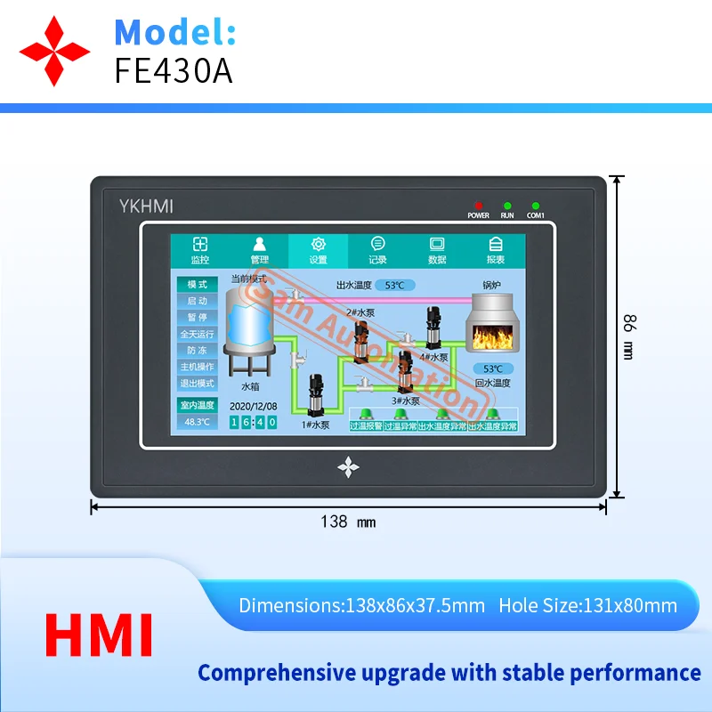 YKHMI 4.3 Inch HMI Touch Screen Panel With Download Communication Cable, Support RS485/RS232/RS422 To Connet With PLC