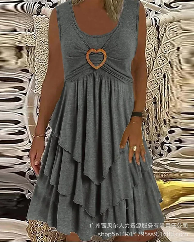 Vestido feminino em camadas sem mangas com decoração de anel de coração, cor sólida, cintura alta, mini vestido sexy com babados