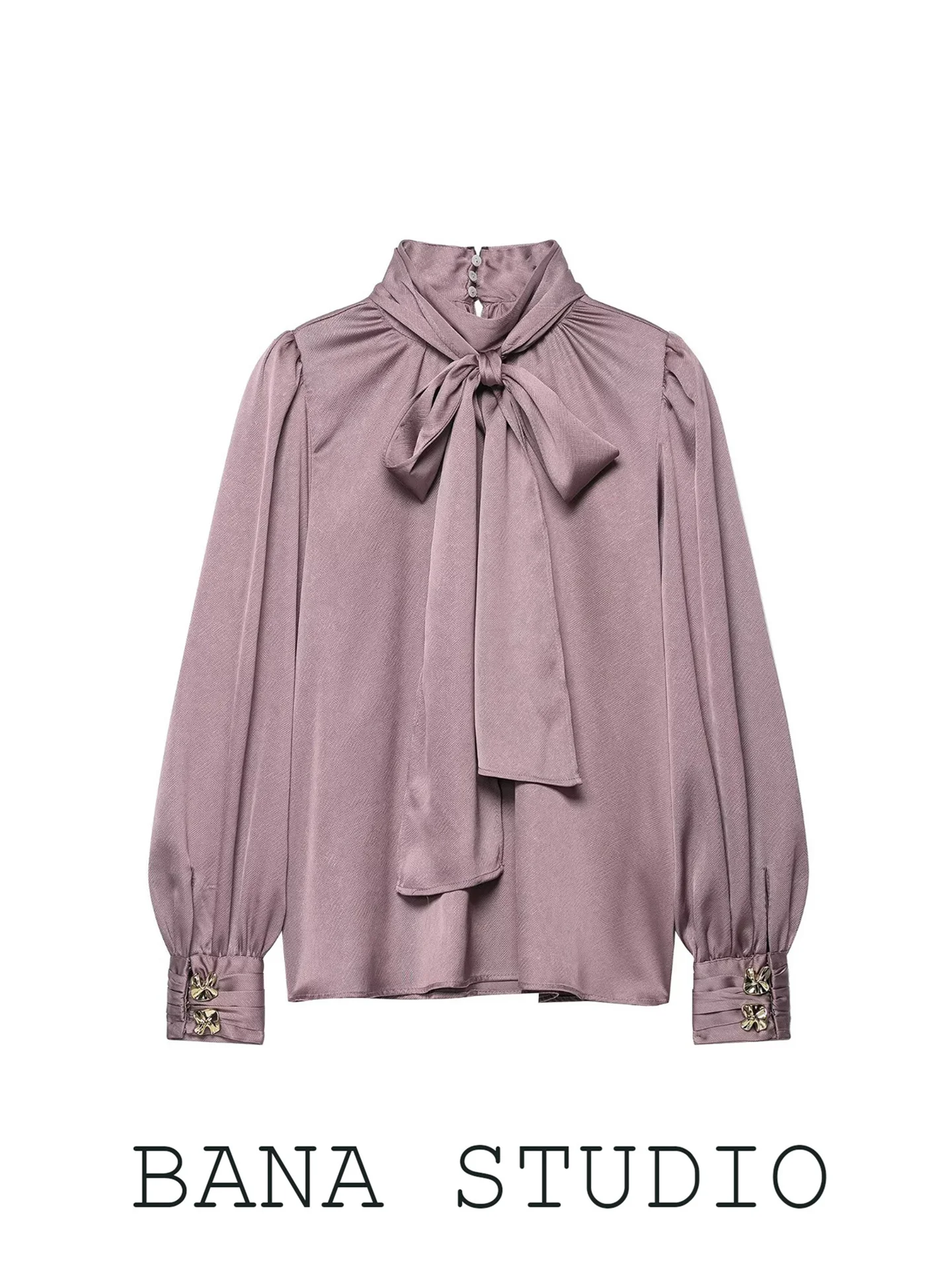 

BANA Высокий воротник Длинный све Розовый Фиолетовый Имитация атласа Bubble Sve irt Женский топ Faion Court с узлом и узлом