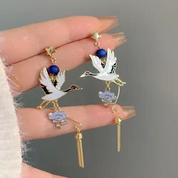 Chinese Style Cloud Crane Dangle Earrings For Women Asymmetric Long Tassel Cute Rabbit Flower Cartoon Earring Party Jewelry Gift