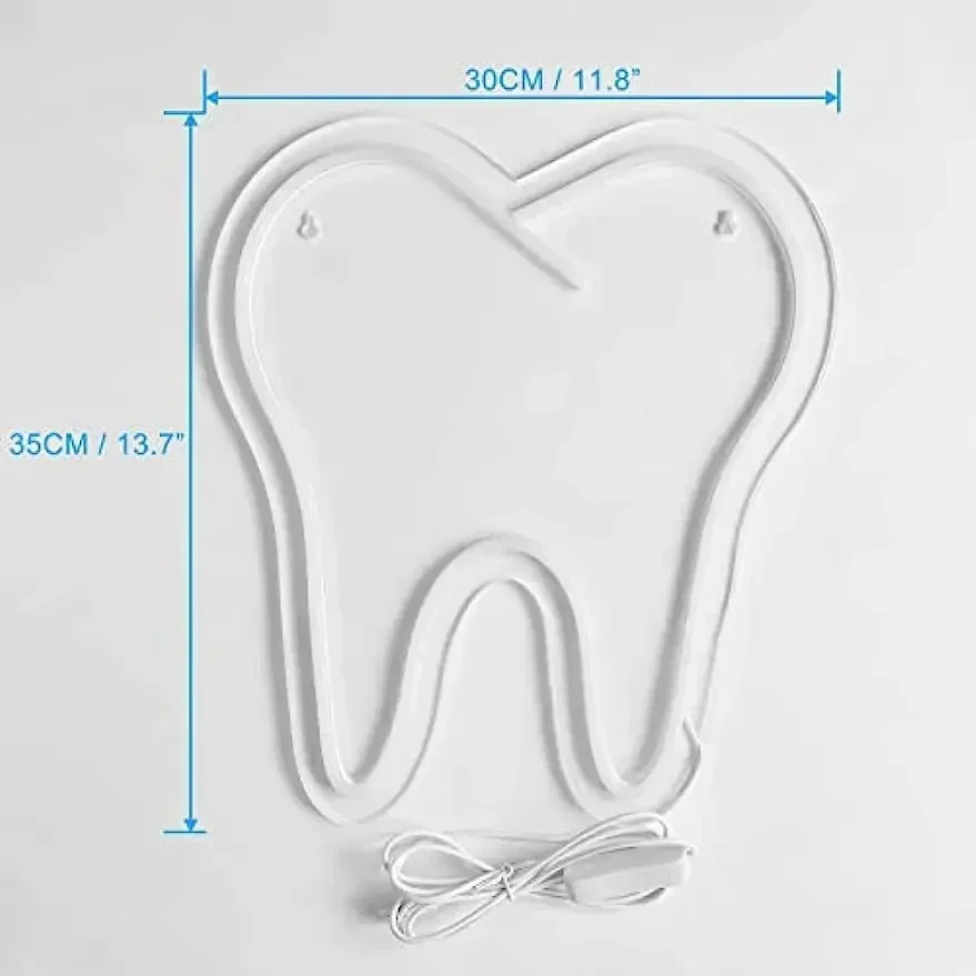 USB Dimmable Bright White Tooth Shaped Neon Light for Dental Clinic Decor Bedroom Party Ambiance Funny Unique LED Sign Gift