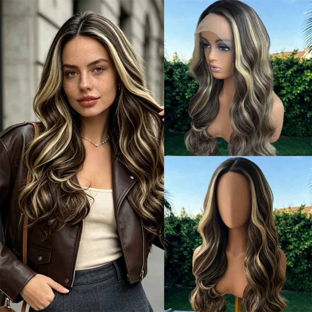 13x4 Free Part Ombre Brown Brunette with Blonde Streaks Eaze Cap Beginner Wig Synthetic HD Lace Front Wig Blended Human Hair