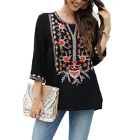 Boho Ethnic Floral Embroidered Blouse Tunic Women Rayon Vintage Black 3/4 Sleeve Loose Bohemian Mexico Casual Ladies Pullover - Image 2