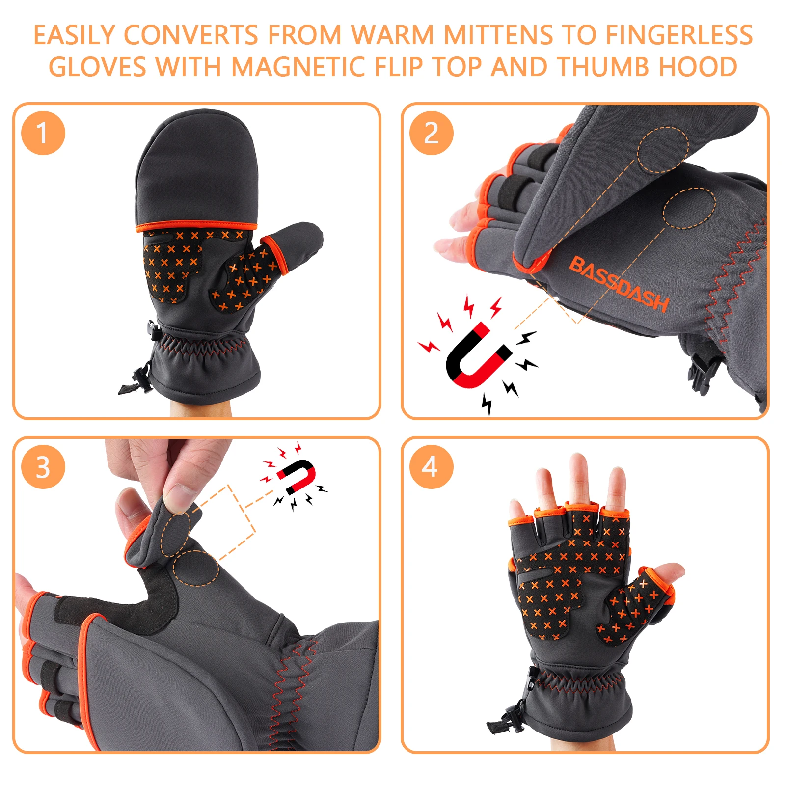 BASSDASH WinteFlex Insulated Convertible Mittens Fingerless Gloves Water Resistant for Men Women Cold Weather Fishing Hiking