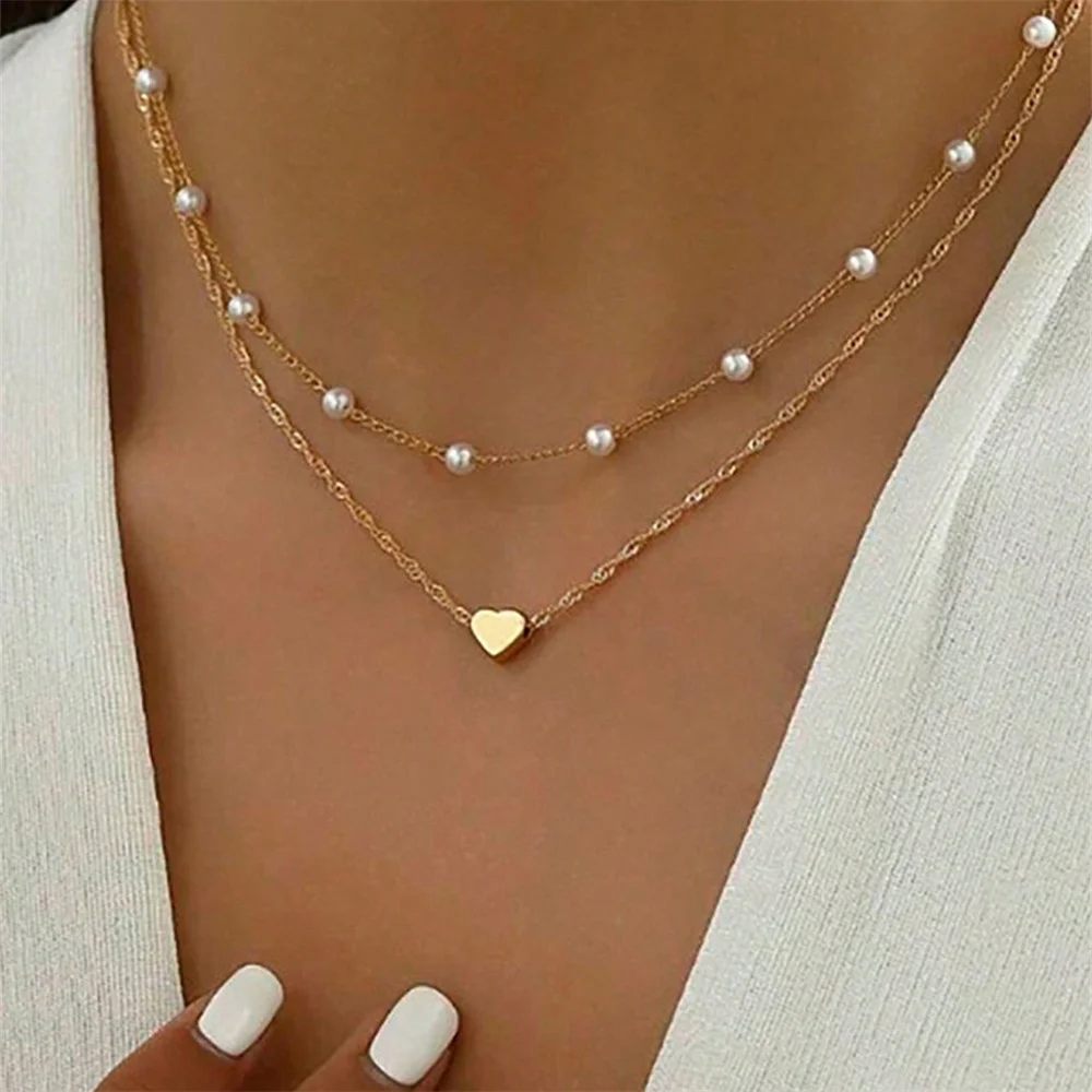 2pcs Heart-Shaped Pearl Pendant Necklace Set, Suitable For Daily Wear And Parties, Gift