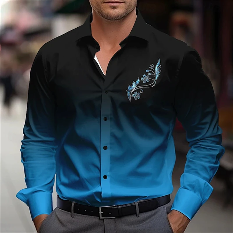 Men's Long-Sleeve Casual Button-Down Shirt Minimalist Chest Embroidery Print Loose Plus-Size Fit Smart-Casual Collared Style