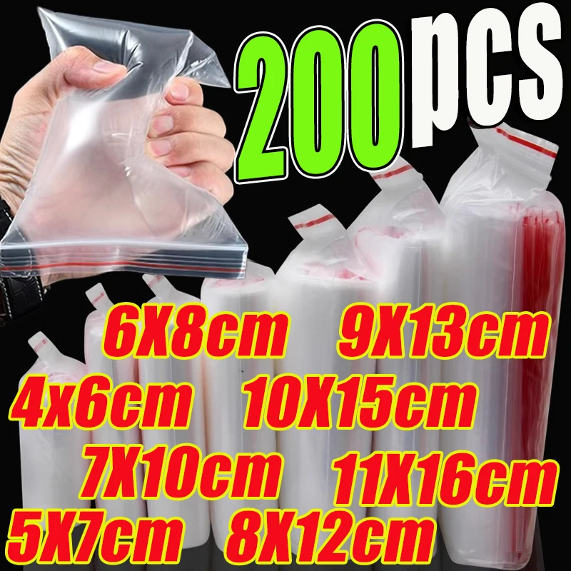 200/100pcs Plastic Transparent Zipper Sealed Bags Storage Bag for Jewelry Food Candy Packing Sealing Bags Zipper Pouch Wholesale