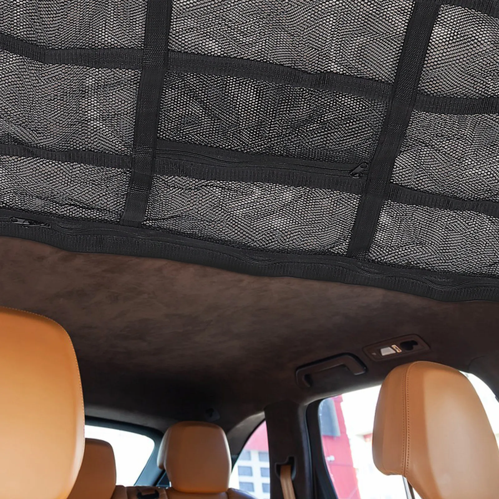

Car Ceiling Cargo Net Double Layer Mesh Pocket with Zipper Easy Install No Tools Required for Vehicle Interior Organization Suv