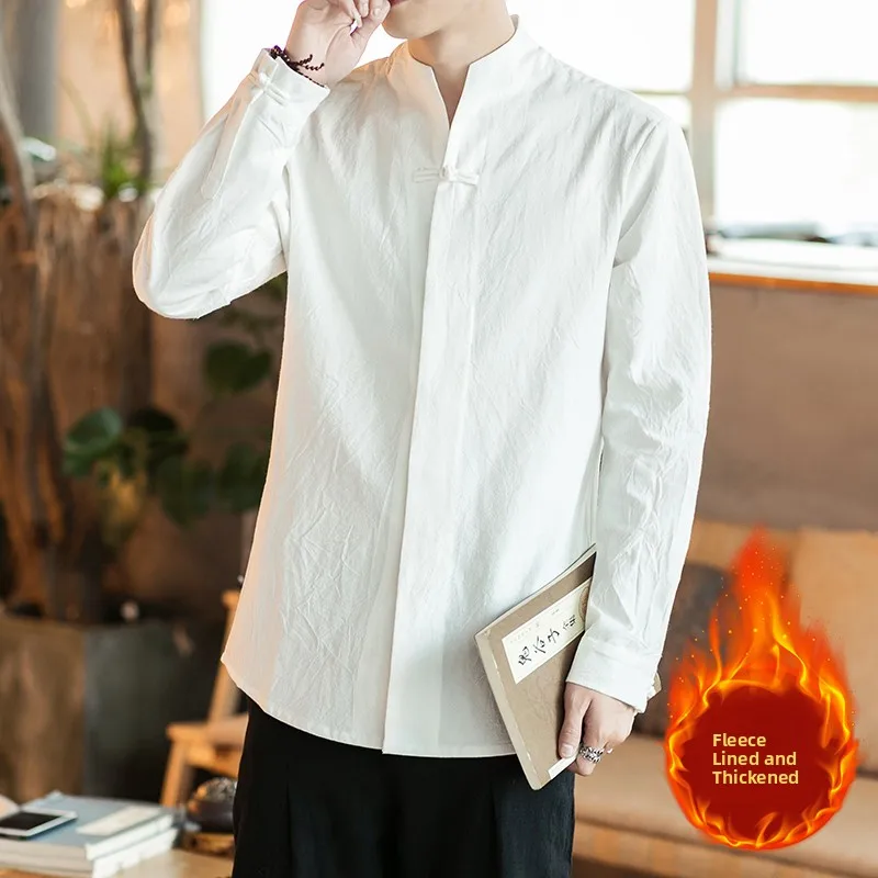 

Men's Thiened Fce Lined irt with Button Design Chinese Sle Tang Costume Ethnic Retro Sle Winter Faion Casual Loo...
