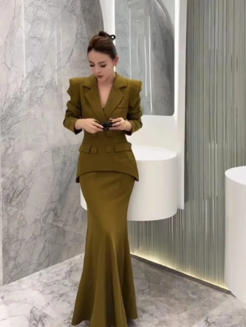 New Spring Autumn Fashion Women's Suit Lapel Collar Long Sleeve Blazer + High Waist Mermaid Skirts Elegant Two Piece Set
