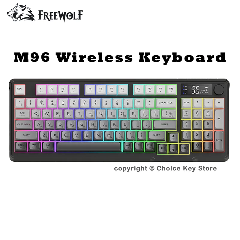 FREEWOLF M96 Wireless Gaming Keyboard 96 Keys Smart Screen Bluetooth 2.4G RGB PBT Keycaps Media Knob 2000mAh