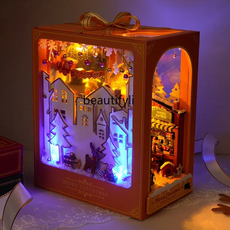 DIY cabaña hecha a mano Navidad Mini casa escena montaje miniaturas juguetes regalos de cumpleaños Mujer