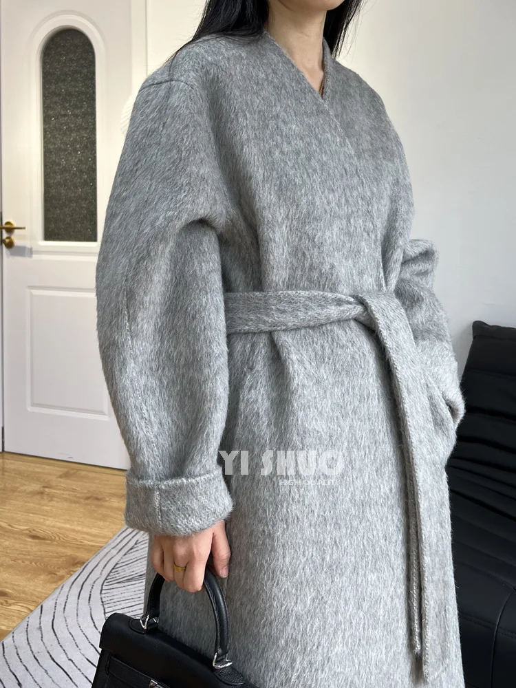 High-end grigio chiaro allungato X-lungo bifacciale in lana e Cashmere cappotto alto donna accappatoio senza colletto allentato Maxi Lace Up