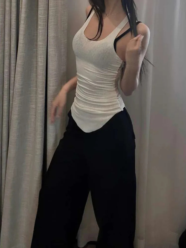 المرأة الصيف خمر الدانتيل المرقعة تانك القمم سليم Y2k الجمالية انظر من خلال أكمام قمصان غير النظامية Harajuku الجرونج سترة #2