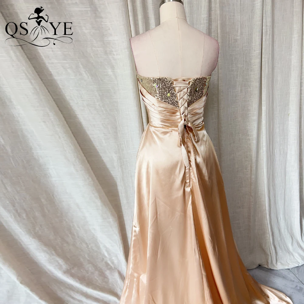 QSYYE-Vestidos largos de graduación sin hombros, traje de noche de satén con cuentas de cristal, vestido de fiesta de tren grande, alto-bajo, color champán