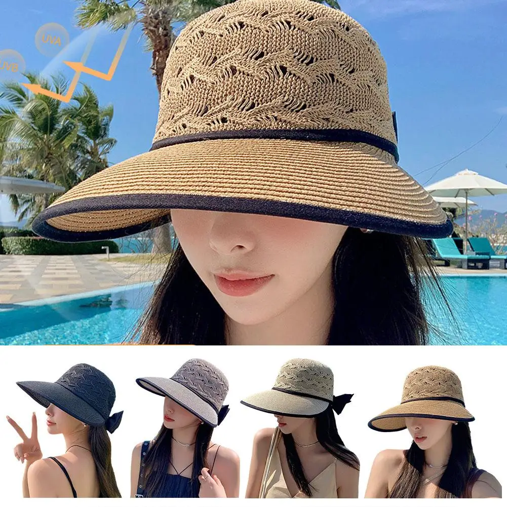 

Summer Fashion Bowknot Straw Hat Wide Brim Floppy Panama Hats Travel Hats Women Outdoor Sun Beach Casual E5E3