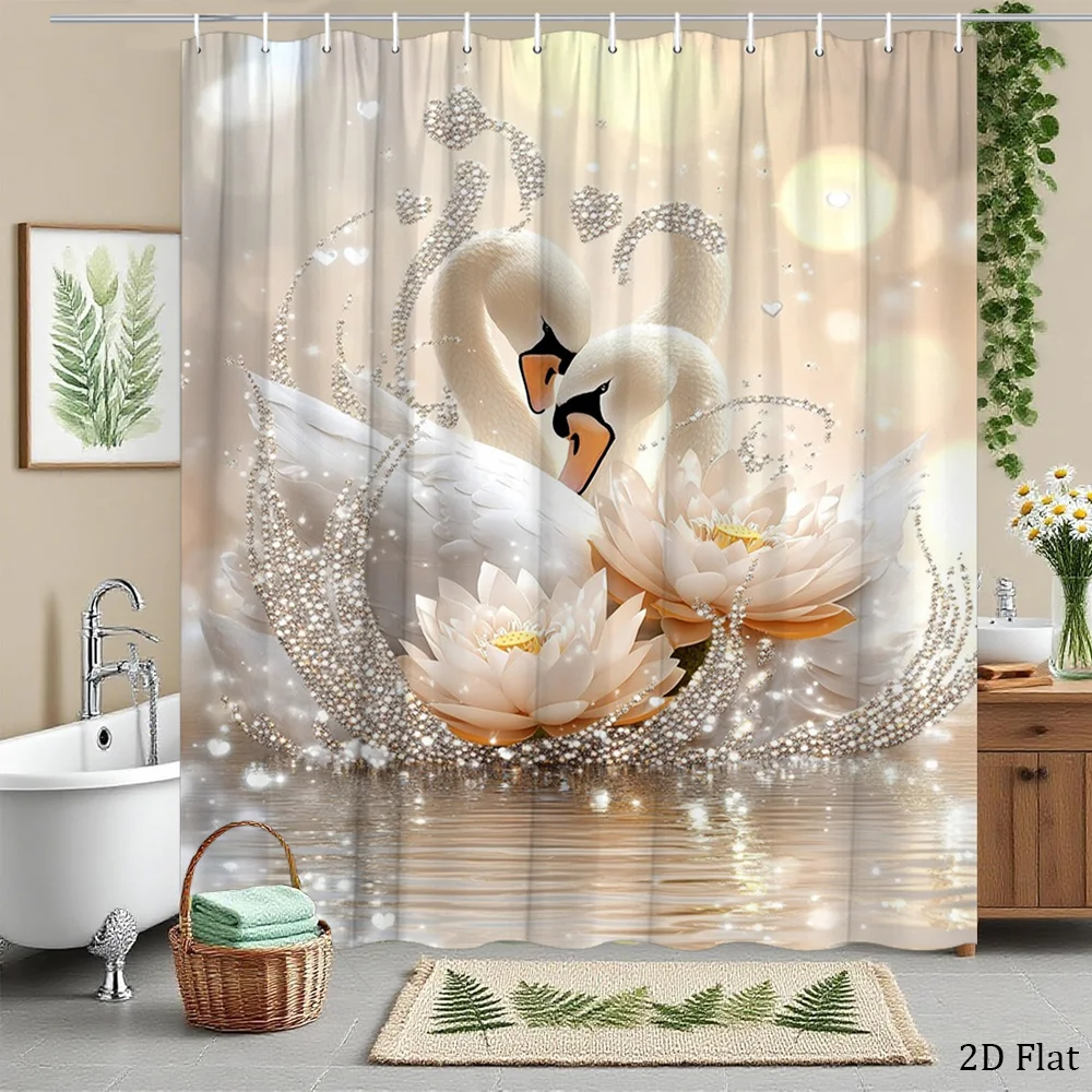 2D Flat, 1pc 2D Flat Elegant Swan Print Shower Curtain Bathroom Decor Bath Tub Divider with 12 Hooks 70.8x70.8 Inch Featuring Be