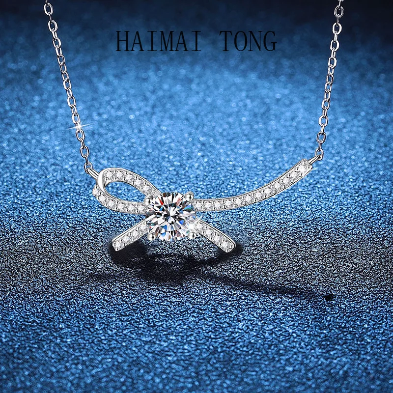 

HAIMAITONG PT950 Платина, ожерелье, кулон с муассанитом, корейская версия, Xiaoxiangfeng, цепочка на ключицу с бантом, цвет D, ожерелье с муассанитом