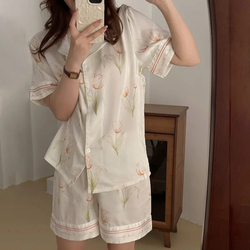 Summer Women's Printed Pajama Set Silk-like Solid Color Lapel Tulip Flowers Pattern Button Nightwear Niche Design Night-clothes