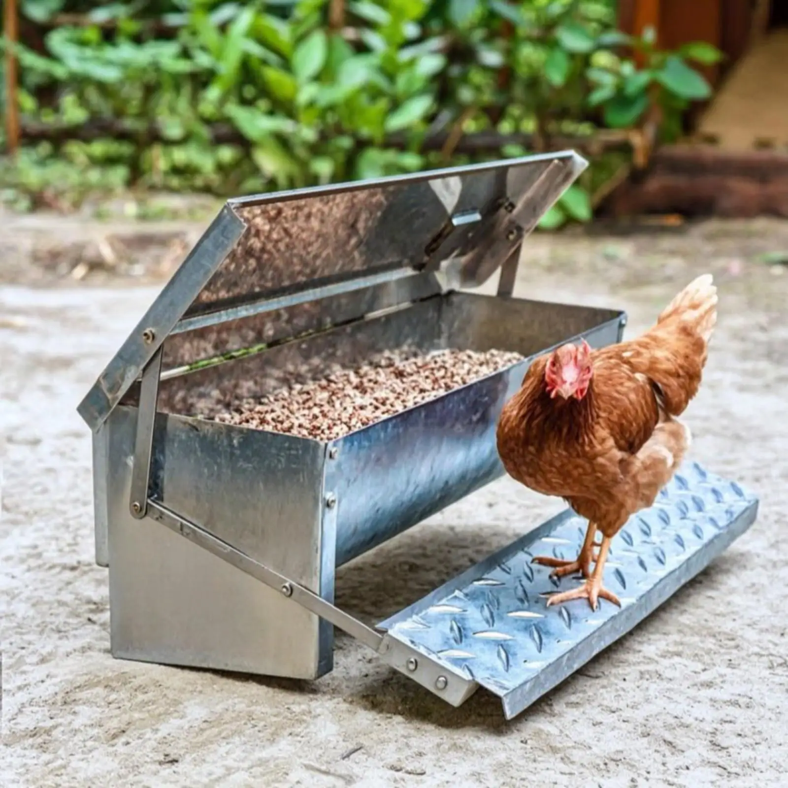 Automatic Poultry Feeder Trough Galvanized Steel Treadle Lid Chicken Feeding Container for Backyard Birds Outside view 6