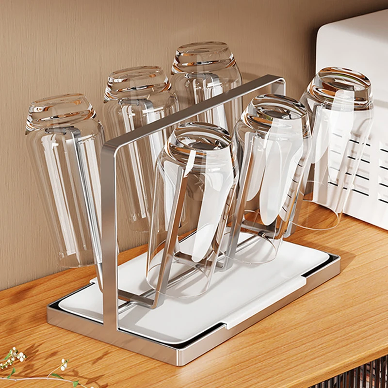 

Stainless Steel Cup Holder With Water Tray Durable Anti-slip Glass Cups Stand Holder Household Dust-Proof Portable Cup Holder