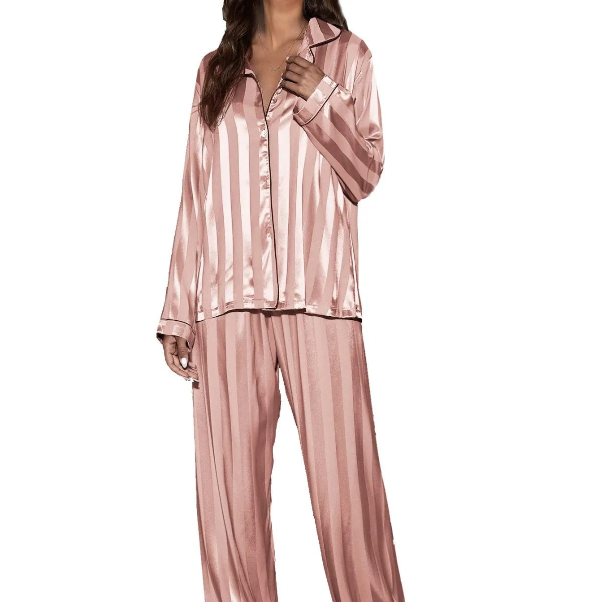 Gestreepte Broek Met Lange Mouwen Pijama Pak Dames 2 Stuks Pyjama Set Nachtkleding Lente Zomer Satijn Nachtkleding Losse Homewear Loungewear