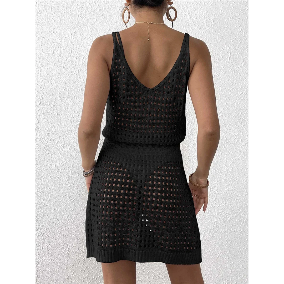 S - XL V-Ausschnitt, ausgestelltes, gehäkeltes Strick-Tunika-Strandkleid, Strandkleid, Mini-Strandkleid, Strandmode, Damen, V7048 – Detail 26
