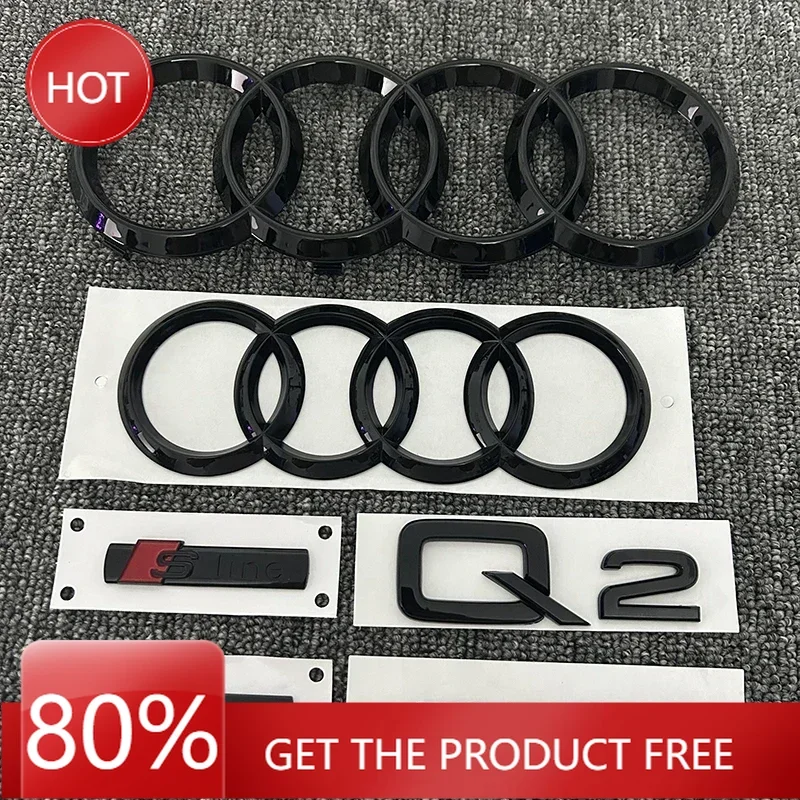 

2025 AUDI Q2 2016-2018 4-кольцевой логотип ABS Черный автомобильный капот Передняя решетка Эмблема Задний багажник Значок Наклейка Q2 Наклейка Quarrto Sline Эмблема