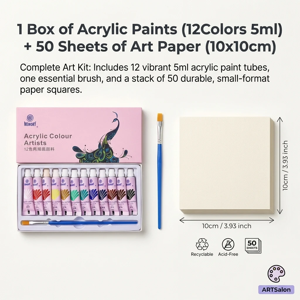 12/24 colors 5ml acrylic painting pigment + 50 sheets of 10*10cm watercolor paper, suitable for students' acrylic painting creat