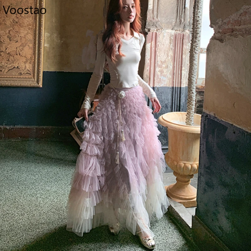 Moda feminina tule longo bolo saia cintura alta gaze rosa roxo gradiente babados saias doces elegante vestido de baile saias de festa